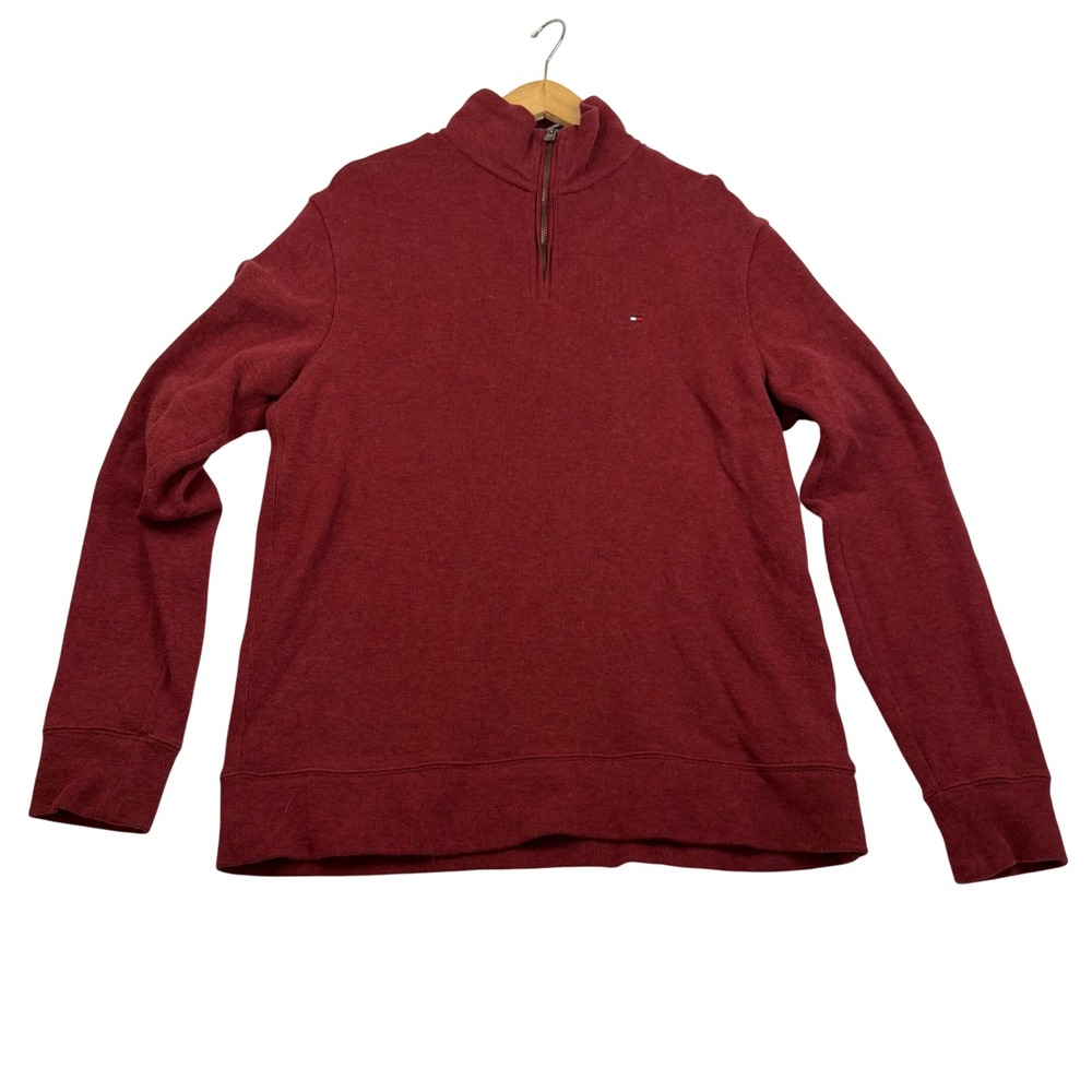 Tommy Hilfiger Mens Quarter Zip Pullover Sweater Burgundy Heather Cotton Medium